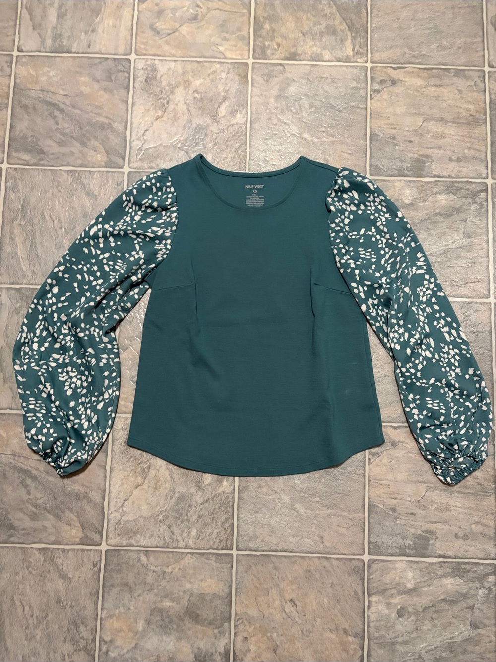 Nine West Teal Mixed-Print Blouson Sleeve Top